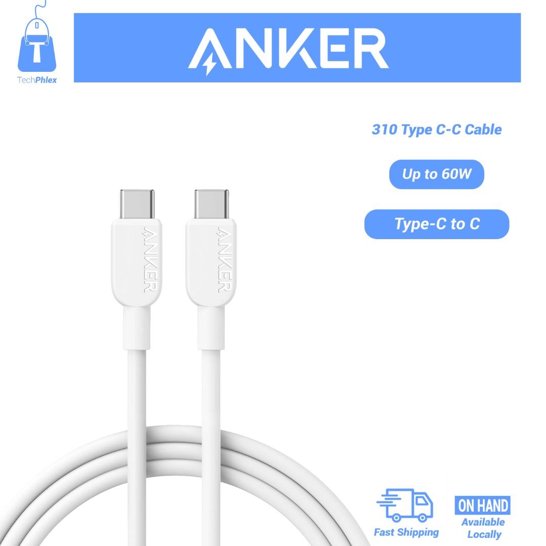 Anker 310 60W Type C-C Cable (Category: Chargers & Cables) located in Manila. Submitted by chjiu (Listing ID 1366081916, Image 1). Description: Available in 3ft(0.9m) & 6ft(1.8m) in Black, White, Purple 3ft: P200 6ft: P300 High-Speed Compatible: Charge a Samsung S23 to 55% in just 30 minutes when paired up with a compatible Power Delivery charger (charger not included). Built to Last: Proven in strict laboratory tests to withstand up to 10,000 be