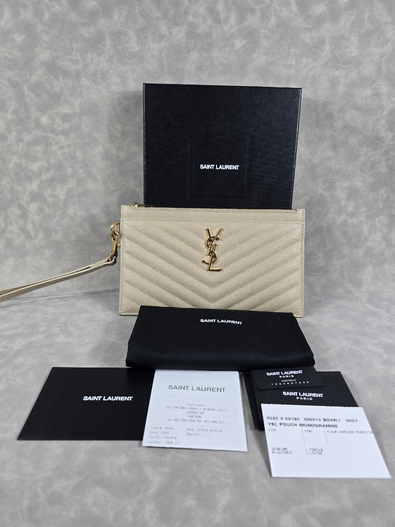 Authentic YSL Pouch Monogram Beige (Category: Luxury Bags & Wallets) located in Angeles City. Submitted by luxchelry (Listing ID 1366117755, Image 1). Description: Pouch Monogram de Poudre Beige ♦️Comes with receipt, authenticity card, carecards, dustbag and box ♦️9.5/10 ♦️Any discoloration is due to lighting only. ✨️P18000✨️ We accept payments thru BDO, BPI and PAYPAL. We can ship thru Grab, Lalamove, LBC and JRS Express. All items are 100% auth