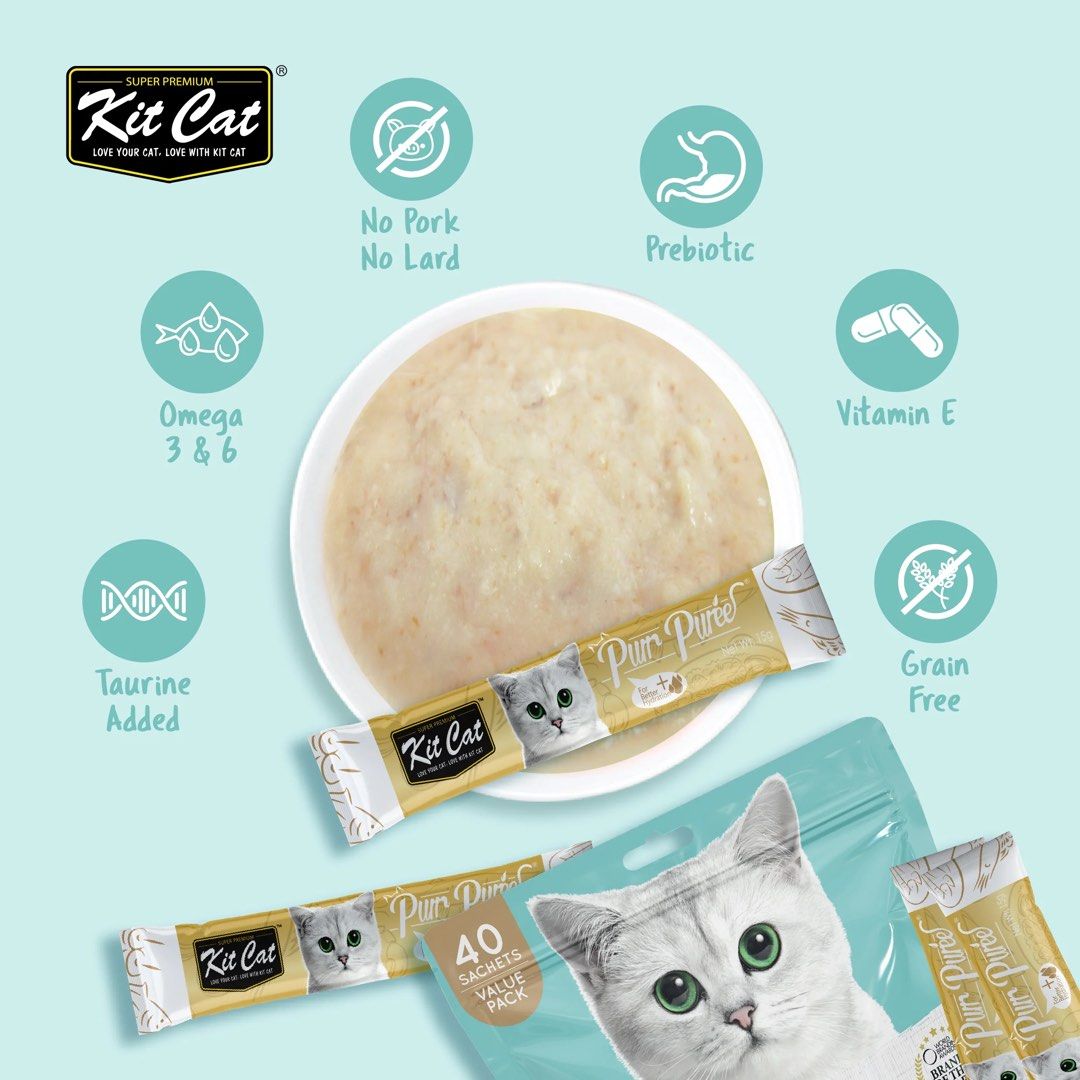 BNIB Kit Cat Purr Puree Tuna & Fiber (Hairball) 60g (4 x 15g) Treats For Cats Kittens Kitcat (Category: Pet Food) located in Singapore. Submitted by asinaav (Listing ID 1366149905, Image 1). Description: Brand New in Bag Kit Cat Purr Puree Tuna & Fiber (Hairball) Net Weight: 60g (4 x 15g) About Product: - Omega 3 & 6 - Taurine Added - Prebiotic Vitamin E - No Pork No Lard - Grain Free Expiry Date: 26 Aug 2026 Selling / Retail Price: $4.50 (60g) S