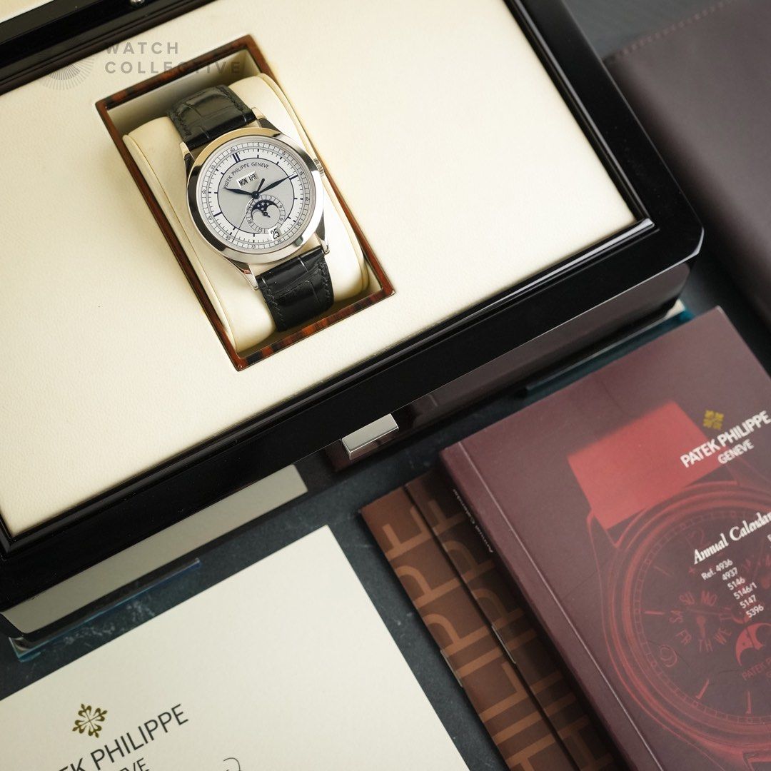 📝FULL SET📦 Patek Philippe Annual Calendar Moonphase Sector dial 5396G-001 || 5396 (Category: Watches) located in Singapore. Submitted by w.coll (Listing ID 1366182990, Image 3). Description: Discontinued Sector dial. Current model retails for 76k, grab this at a steal! Complete set with matching hangtag and envelope. Original Patek strap and original deployment clasp!! Brand: Patek Philippe Reference: 5396G-001 Comes with: Box and Papers Dated: