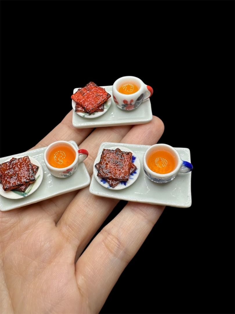 Handmade Miniature Rougan, bakkwa, salty-sweet dried meat, meat jerky with Chinese Tea, Clay, Resin, 1 plate set (Category: Handmade Craft) located in Singapore. Submitted by mini.collectibles.1 (Listing ID 1366101960, Image 1). Description: Handmade Miniature Rougan, bakkwa, salty-sweet dried meat, meat jerky with Chinese Tea, Clay, Resin, 1 plate set Made from clay / resin There may have bubble on the Chinese tea and some finger pressing stains