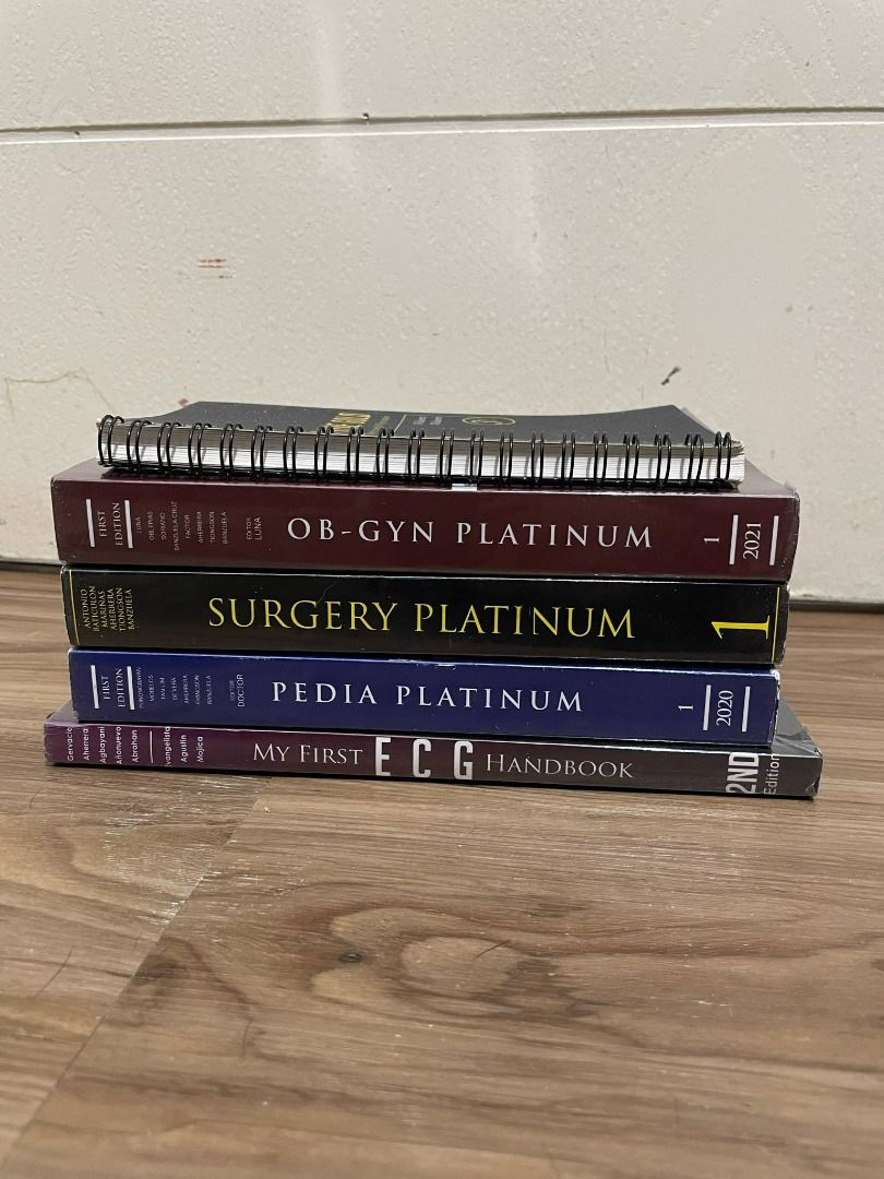 Platinum Book Bundle (Category: Textbooks) located in Makati City. Submitted by bpatriciab (Listing ID 1366138257, Image 1). Description: Platinum Books Bundle - Pedia (1st ed) - OB GYN (1st ed) - Surgery (1st ed) - My first ECG - OBGYN gold Condition: - Minimal highlights - No missing pages - Plastic covered - Condition: 8/10.