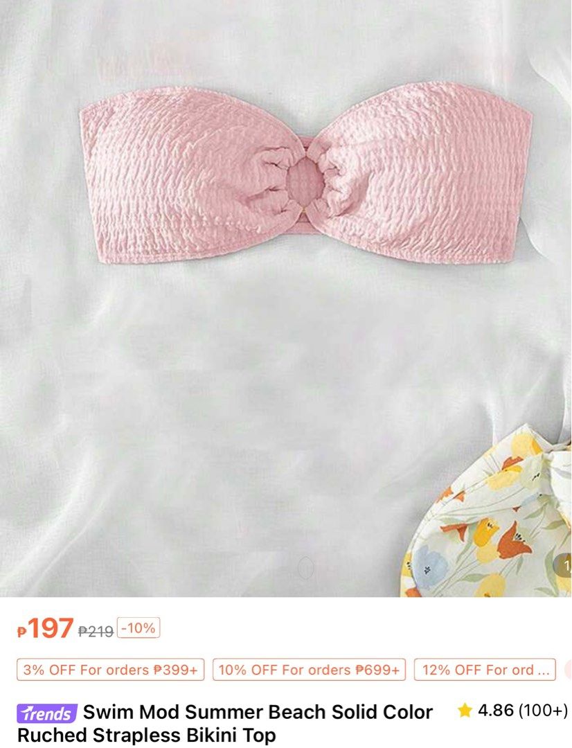 Swim Mod Summer Beach Solid Color Ruched Strapless Bikini Pink Top (Category: Bikinis & Swimsuits) located in Cainta. Submitted by rowsiee (Listing ID 1366141866, Image 1). Description: Size: Small ( Length:15.5/11.5 cm, Bust:66 cm, Underbust:59-92 cm ) Color: Pink Never use I ordered wrong size.