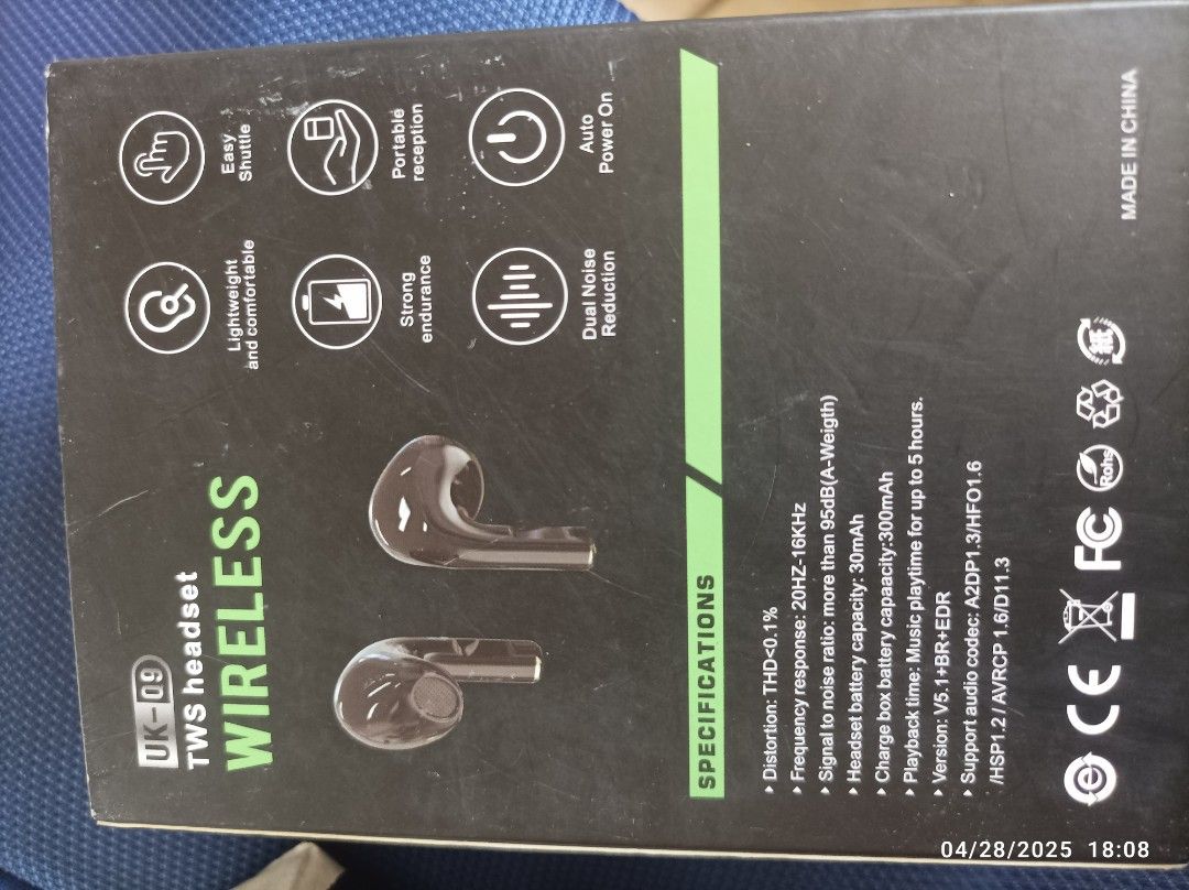UK-Q9 3-4 hours 5D rock bass sounds (Category: Earphones) located in Singapore. Submitted by zeroeffect59694 (Listing ID 1366109715, Image 2). Description: pair of UK-Q9 True Wireless Stereo (TWS) Bluetooth 5.1 earbuds with a charging case. Key features include: Playtime: 3-4 hours. Sound: 5D Rock Bass Sound. Connectivity: Bluetooth 5.1, with a range of up to 10 meters. Battery: The charging case provides additional battery life. Design: Ergonomi