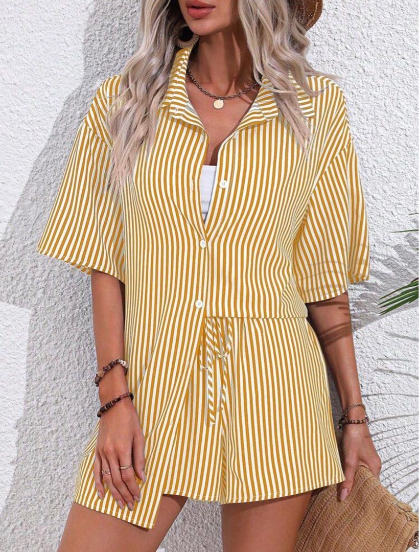 Yellow Stripes Polo and Shorts (Category: Sets or Coordinates) located in Quezon City. Submitted by manilabey (Listing ID 1366117120, Image 2). Description: -Shein yellow striped polo and shorts set -Top used once. Bottoms never used .