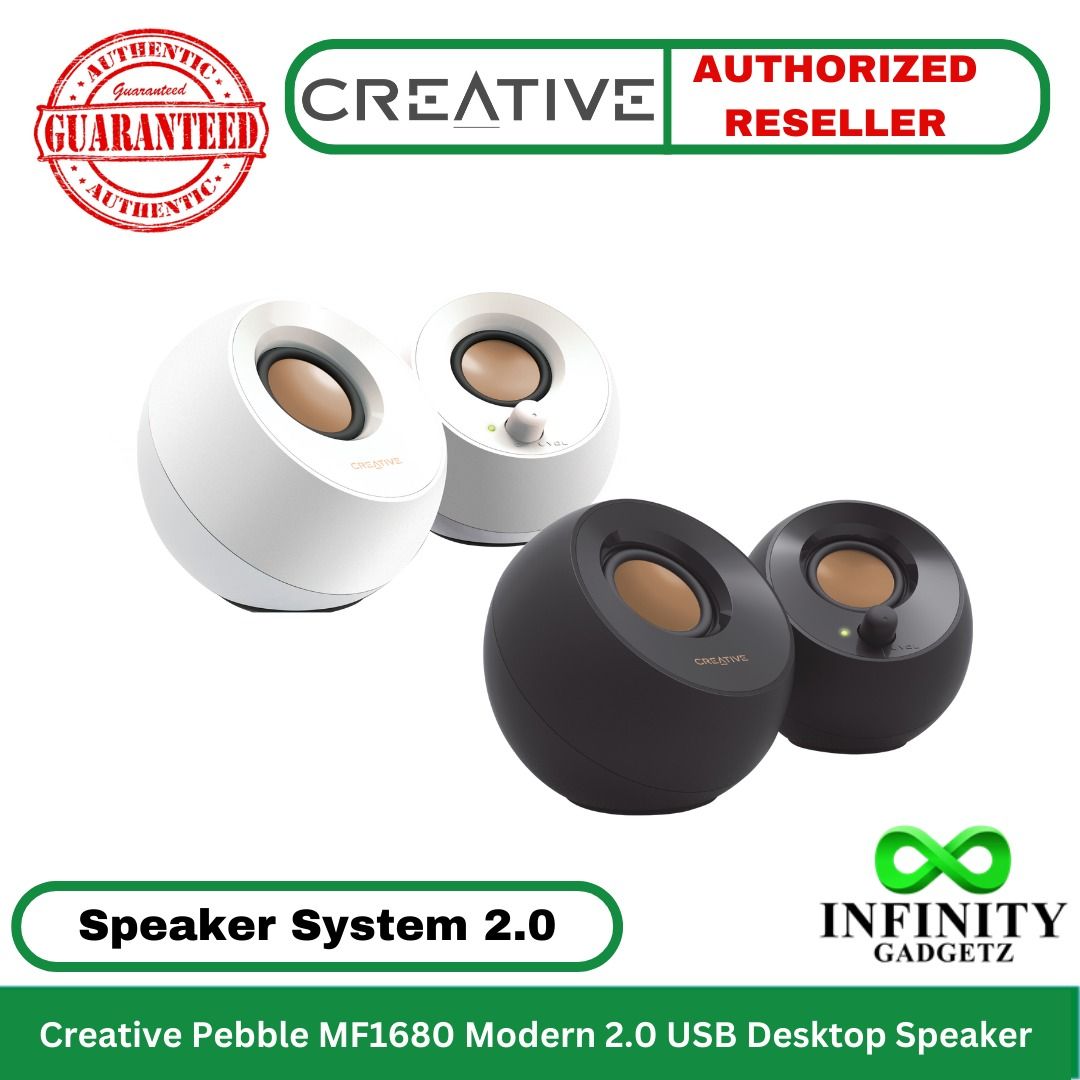 Creative Pebble MF1680 Modern 2.0 USB Desktop Speaker (Category: Soundbars, Speakers & Amplifiers) located in Manila. Submitted by infinitygadgetzph (Listing ID 1366270168, Image 1). Description: 🟩Authentic 🟩Authorized Dealer of Creative 🟩Sealed and Brand New 🟩With 3 Months Warranty (Must keep the complete carton for warranty claim) Compatible with: Windows PC, Mac SPECIFICATIONS & FEATURES: Features: 🟩Inspired by the zen Japanese rock garde