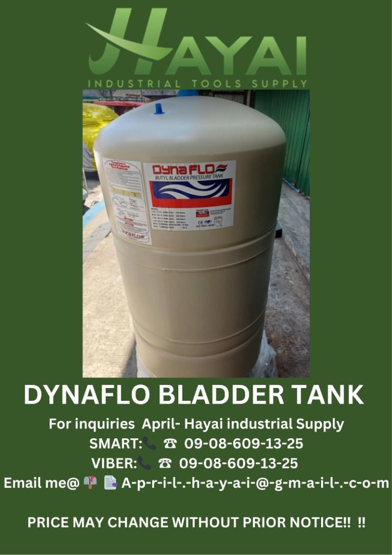 Dynaflo Bladder Tank (Category: Construction Tools & Equipment) located in Caloocan City. Submitted by aprilv96843328 (Listing ID 1366201594, Image 1). Description: Dynaflo Bladder Tank Specs: DF235V PRICE: 25,500 For inquiries April- Hayai industrial Supply 📞 ☎ 0-9-0-8-6-0-9-1-3-2-5 Email me@ 📫 📑 A-p-r-i-l-.-h-a-y-a-i-@-g-m-a-i-l-.-c-o-m PRICE MAY CHANGE WITHOUT PRIOR NOTICE!!! .