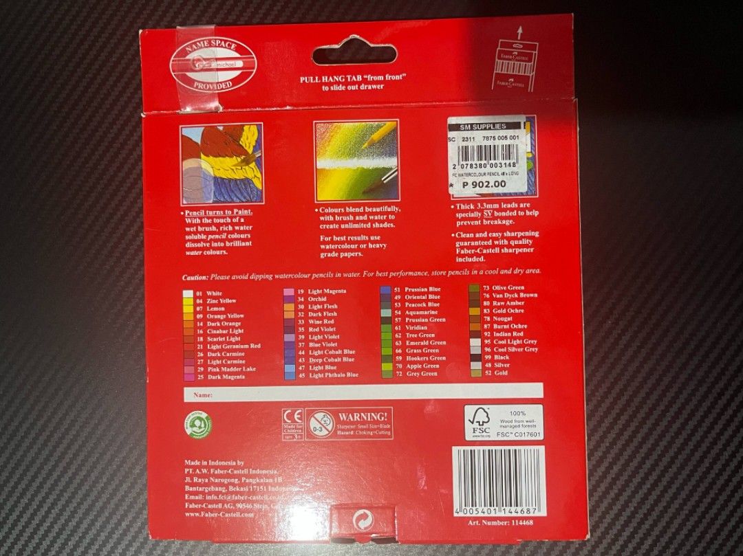 Faber-Castell 48 Watercolour Pencils (Category: Craft Supplies & Tools) located in Taguig. Submitted by _xvyz (Listing ID 1366290598, Image 2). Description: 48 Watercolour pencils with brilliant colours with free brush (Original price on tag: P 902.00) Fully water-soluble lead Break-resistant lead due to secural bonding process (SV) Wood from sustainable forestry Washes out of most fabrics Including brush Non-toxic, acid free Recommended for age 