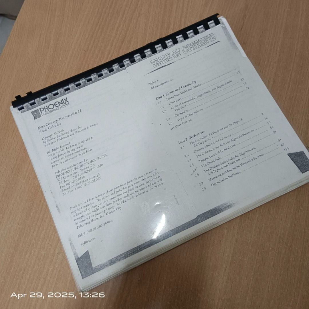 Grade 11 Mathematics - Basic Calculus (Category: Textbooks) located in Quezon City. Submitted by marianodeclutter (Listing ID 1366241416, Image 1). Description: Loc: Quezon City, Central Avenue.