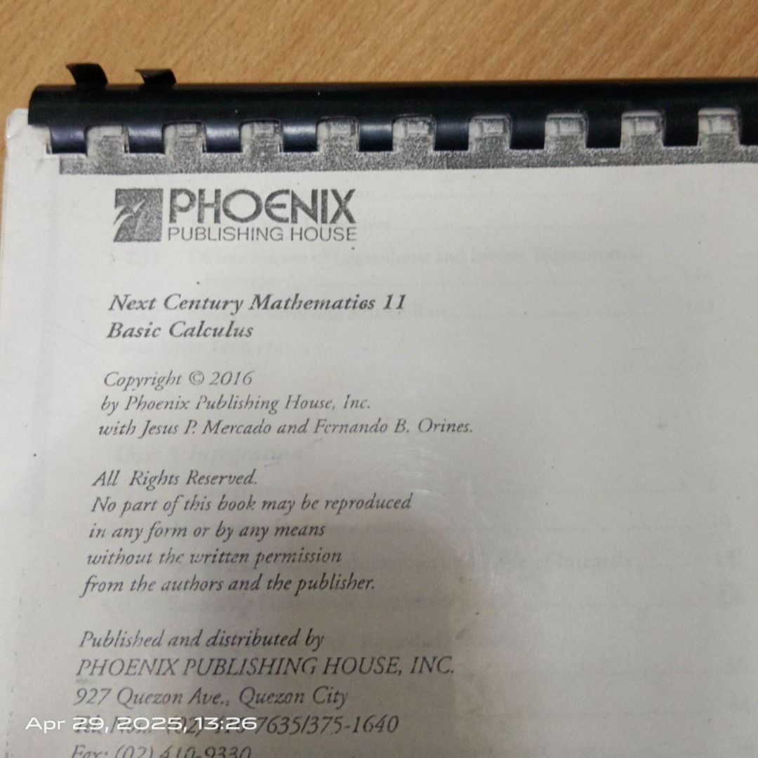 Grade 11 Mathematics - Basic Calculus (Category: Textbooks) located in Quezon City. Submitted by marianodeclutter (Listing ID 1366241416, Image 3). Description: Loc: Quezon City, Central Avenue.