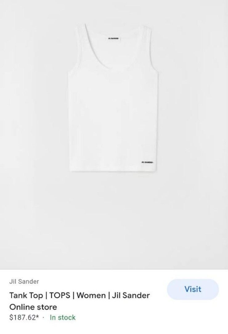 Jill Sander logo-print White tank top (Category: Sleeveless) located in Quezon City. Submitted by queentasha (Listing ID 1365674342, Image 2). Description: Jil Sander logo-print cotton tank top IN SIZE LARGE An ode to Jil Sander's minimalistic aesthetic, this cotton tank top is subtly decorated with a contrasting logo print at the hem. Made in Italy Composition Cotton 100% In GOOD CONDITION NO FLAWS, STAINS JUST NEED TO BE PRESS OR STEAM.