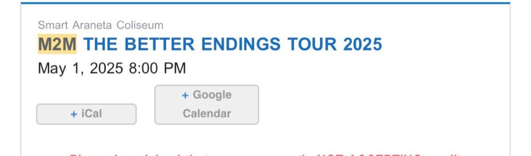 M2M better endings tour DAY 1 ticket (Category: Events Tickets) located in Quezon City. Submitted by pineapplebalony03 (Listing ID 1366201619, Image 2). Description: This is a good spot for a better view sa stage. I bought this for 4950 but im just selling it for 3k. PM.