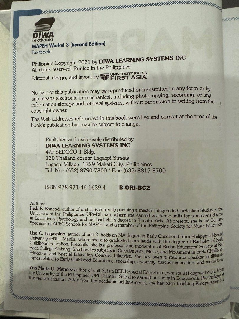 GRADE 3 BOOK - MAPEH WORKS! (Second Edition) (Category: Textbooks) located in Manila. Submitted by disneyprincess852 (Listing ID 1366222649, Image 2). Description: - Publisher: DIWA LEARNING SYSTEMS INC. NOTE: - some pages have highlights but does not affect the book’s functionality - all answers / pencil marks were erased neatly.