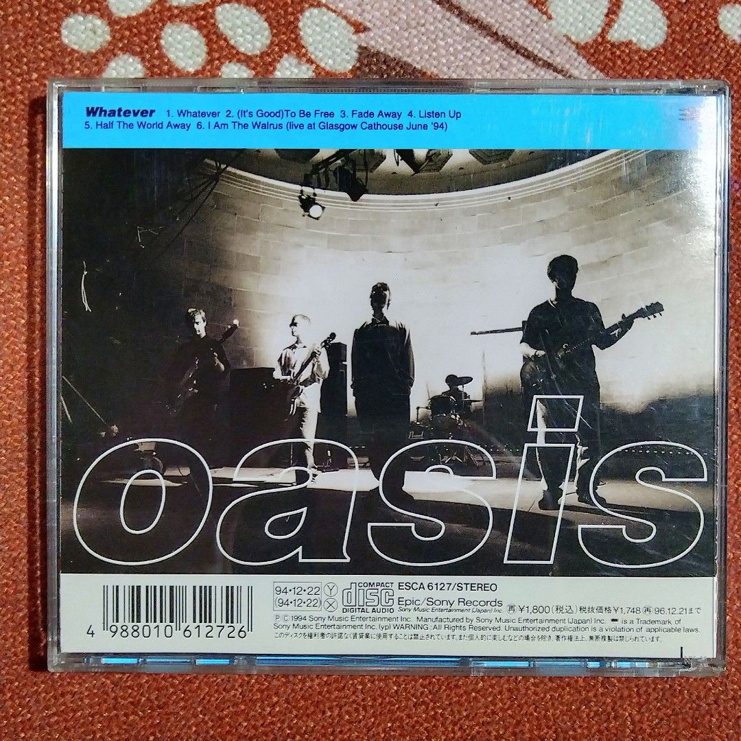 Oasis - Whatever EP CD (Category: CDs & DVDs) located in Taguig. Submitted by znarfscriber (Listing ID 1366336255, Image 2). Description: Oasis Whatever EP CD Made In Japan Sony Music Entertainment 1994 Includes OBI and lyric sheet insert. Cover: EX Media: NM RFS: Decluttering / Need Funds.