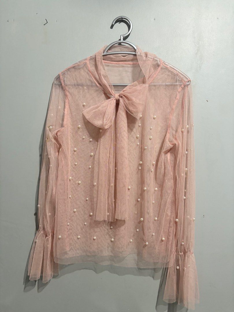 Pink Mesh Pearl Long Sleeves Top (Category: Blouses) located in San Carlos City. Submitted by sellwsel (Listing ID 1366337558, Image 1). Description: - nbu - rfs: decluttering - super cute mala heart evangelista - can be tied around the neck - turtle neck - msg for when worn mop: gcash/bdo mod: j&t.