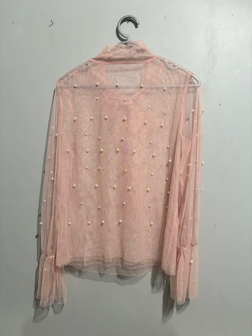 Pink Mesh Pearl Long Sleeves Top (Category: Blouses) located in San Carlos City. Submitted by sellwsel (Listing ID 1366337558, Image 2). Description: - nbu - rfs: decluttering - super cute mala heart evangelista - can be tied around the neck - turtle neck - msg for when worn mop: gcash/bdo mod: j&t.