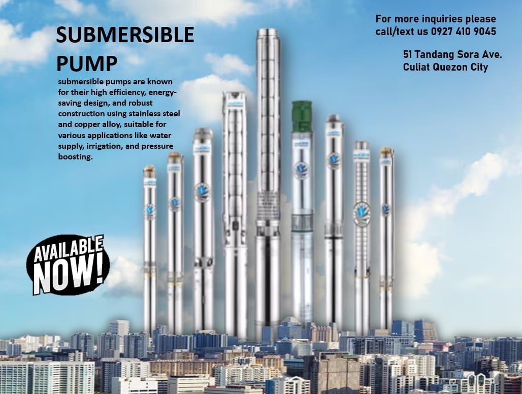 Submersible pump (Category: Construction Tools & Equipment) located in Bocaue. Submitted by fuegoagua.iet (Listing ID 1366200618, Image 1). Description: Submersible pump are known for their hught efficiency ,energy saving design and robust construction using stainless steelandcopper alloy ,suitable for various application like water supply ,irrigation and pressure boosting.