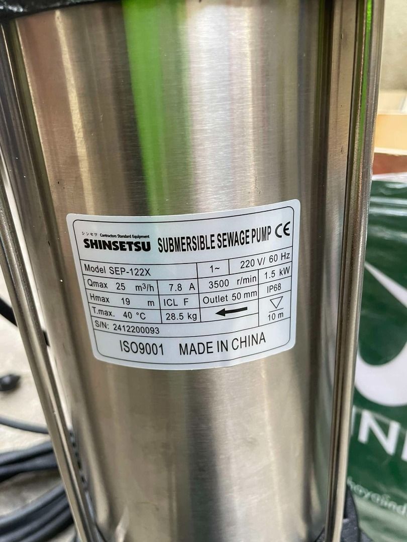 Submersible sewage pump (Category: Construction Tools & Equipment) located in Manila. Submitted by 09150361920ronvillaflor (Listing ID 1366202519, Image 2). Description: Submersible sewage pump Specs: 2” outlet - 2HP - 1phase Model: SEP-122X Brand: Shinsetsu ₱23,900 .