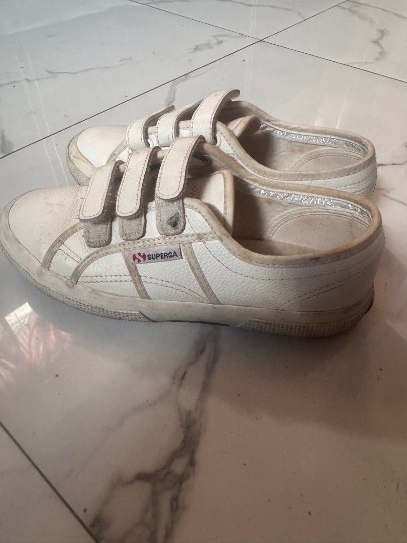 Superga white leather sneakers (velcro) size7 (Category: Sneakers) located in Manila. Submitted by stealmystuff (Listing ID 1366195947, Image 1). Description: Too many sneakers.