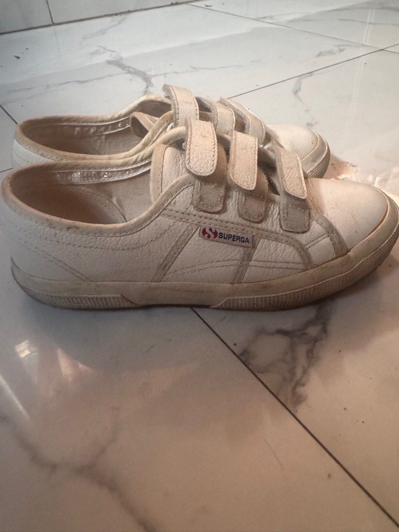 Superga white leather sneakers (velcro) size7 (Category: Sneakers) located in Manila. Submitted by stealmystuff (Listing ID 1366195947, Image 3). Description: Too many sneakers.