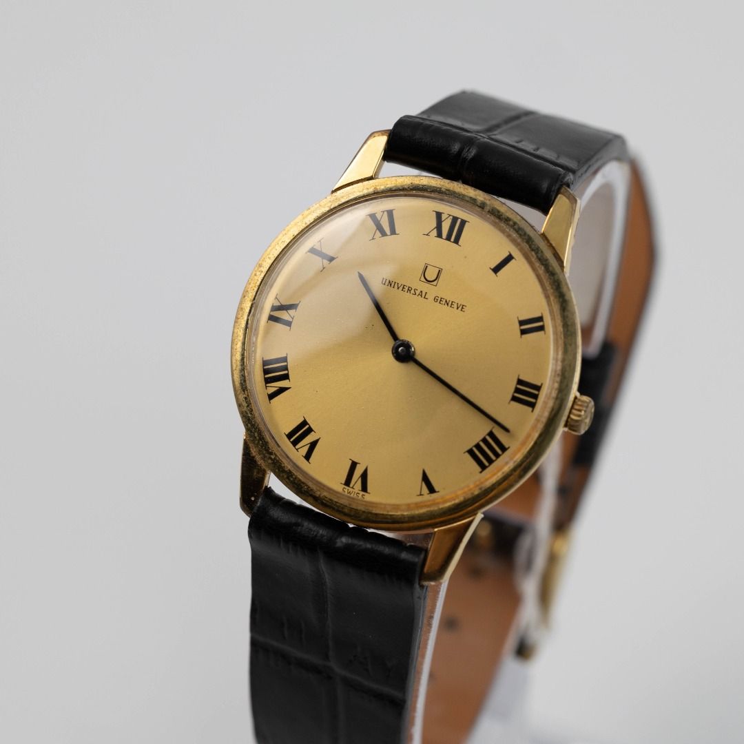 Universal Geneve Ref.54210 (Category: Luxury Watches) located in Las Pinas. Submitted by collectiblewatchesmanila (Listing ID 1366356338, Image 3). Description: Universal Geneve Ref.54210 Case material: Gold plated steel back case Dial: Gold sunburst dial with roman indices Movement: Manual Case size: 31mm Year of production: 1960 - 1969 (Approximately) No original box, no original papers Lug width: 16 mm With CWM handmade leather strap Recently 