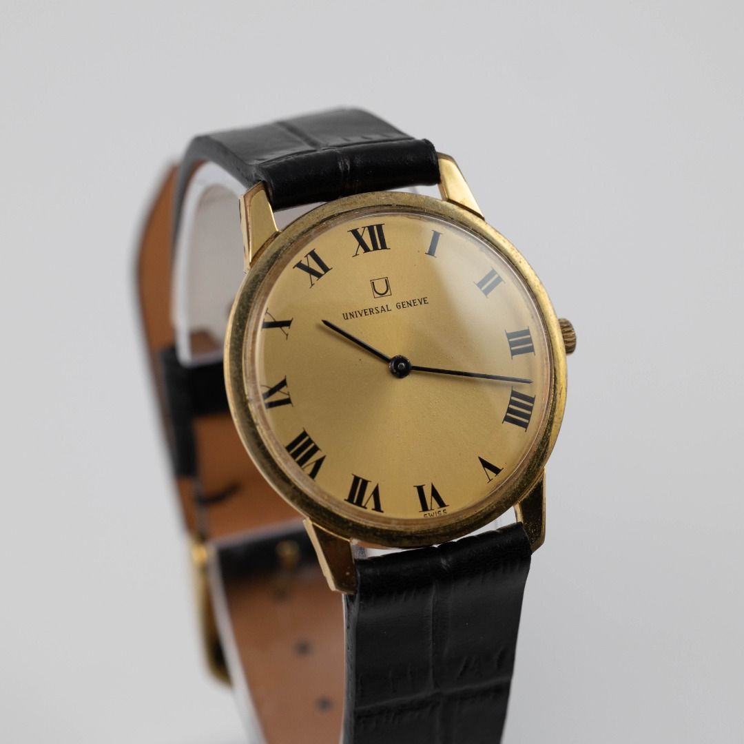 Universal Geneve Ref.54210 (Category: Luxury Watches) located in Las Pinas. Submitted by collectiblewatchesmanila (Listing ID 1366356338, Image 2). Description: Universal Geneve Ref.54210 Case material: Gold plated steel back case Dial: Gold sunburst dial with roman indices Movement: Manual Case size: 31mm Year of production: 1960 - 1969 (Approximately) No original box, no original papers Lug width: 16 mm With CWM handmade leather strap Recently 