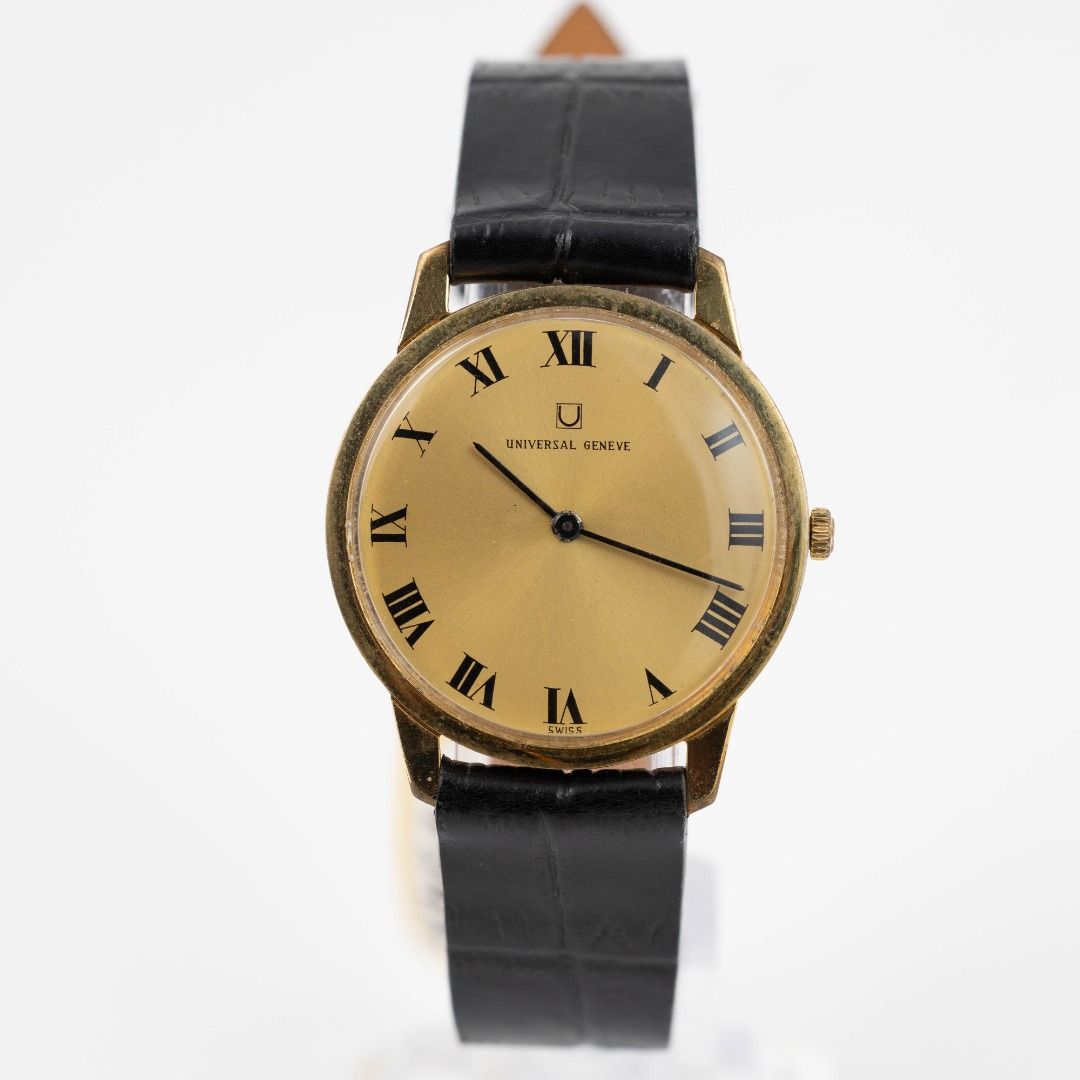 Universal Geneve Ref.54210 (Category: Luxury Watches) located in Las Pinas. Submitted by collectiblewatchesmanila (Listing ID 1366356338, Image 1). Description: Universal Geneve Ref.54210 Case material: Gold plated steel back case Dial: Gold sunburst dial with roman indices Movement: Manual Case size: 31mm Year of production: 1960 - 1969 (Approximately) No original box, no original papers Lug width: 16 mm With CWM handmade leather strap Recently 