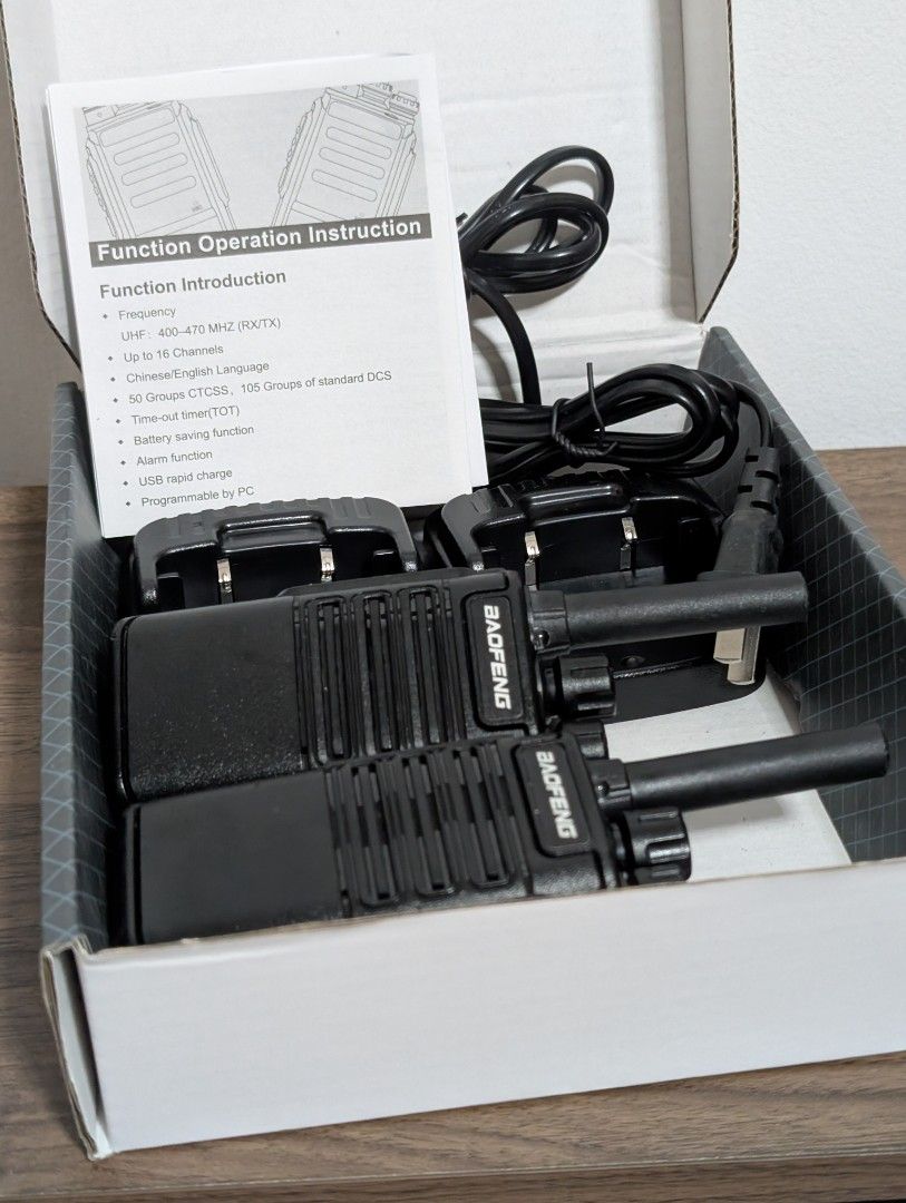 Walkie talkie baofeng small (Category: Walkie-Talkie) located in Singapore. Submitted by sellawaylor (Listing ID 1366277595, Image 1). Description: only used for one overseas trip around palm size, useful for cycling selling as a set of two, with charger, also can use usb-c to charge range can go up to 3km but I never tested so far before minor scratch/dent, but working properly self collect near Marymount MRT.