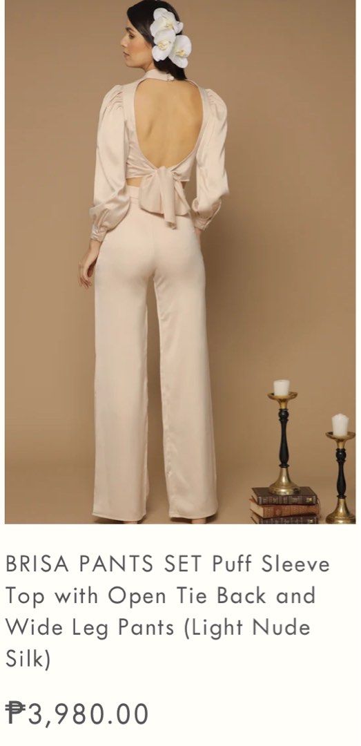 Zoo Label Formal Brisa Pants Set - Light Nude (Category: Sets or Coordinates) located in Quezon City. Submitted by bananabreadbaby (Listing ID 1366255365, Image 3). Description: Bought for 3,980 pesos. Size: xs Color: light nude Fabric: Silk Never been used! Perfect for weddings or formal events! .