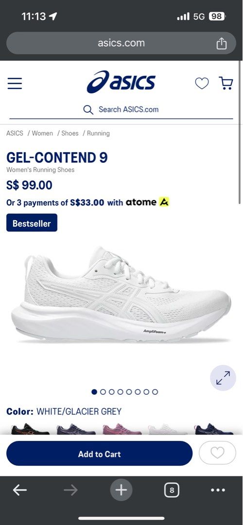 ASICS Gel Contend 9 in White (Category: Sneakers) located in Singapore. Submitted by hellookarinaaa (Listing ID 1361764840, Image 1). Description: Very comfortable but bought wrong size Selling to buy a bigger size No defects.