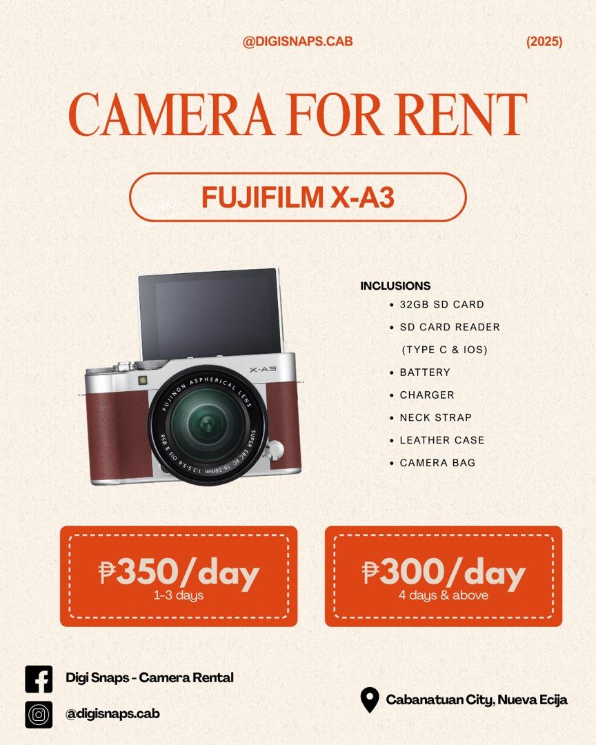 FUJIFILM XA3 FOR RENT (Category: Cameras) located in Cabanatuan. Submitted by camsygel (Listing ID 1361720129, Image 1). Description: FUJIFILM X-A3 FOR RENT 📸 April and May slots are now open! DM us to book 💌 fb: Digi Snaps - Camera Rental ig: @digisnaps.cab 📍Cabanatuan City, Nueva Ecija.