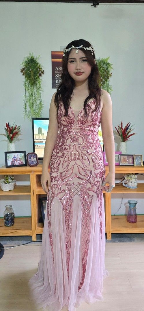 Pink Sequined Formal Gown - Small Size (Category: Evening dresses & gowns) located in Calamba. Submitted by _arar_ (Listing ID 1360516874, Image 2). Description: Sequined formal evening gown. Used just once. Small size. Measurement indicated at the 2nd photo..