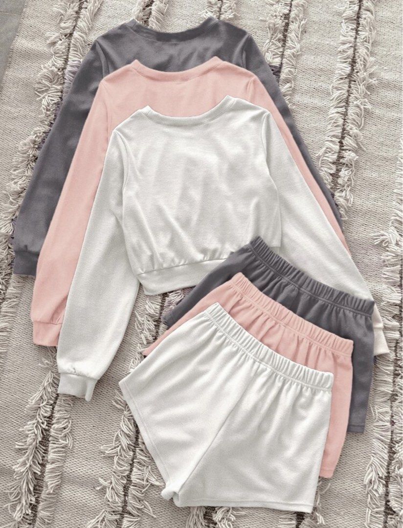 Pullover Shorts Set (Category: Sets or Coordinates) located in Quezon City. Submitted by sonnygeng (Listing ID 1361642730, Image 2). Description: Brand new! 3PCS TERNO SET (white, pink & gray) L on tag can fit M-SEMI XL Stretchable Actual photo from Shein.