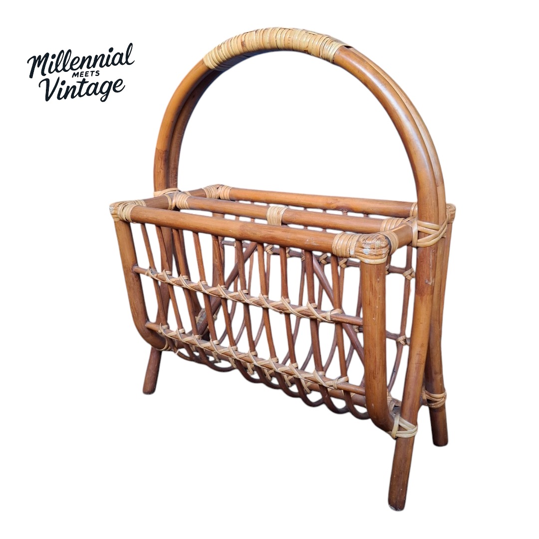 Vintage midcentury modern rattan magazine rack book holder organizer ...