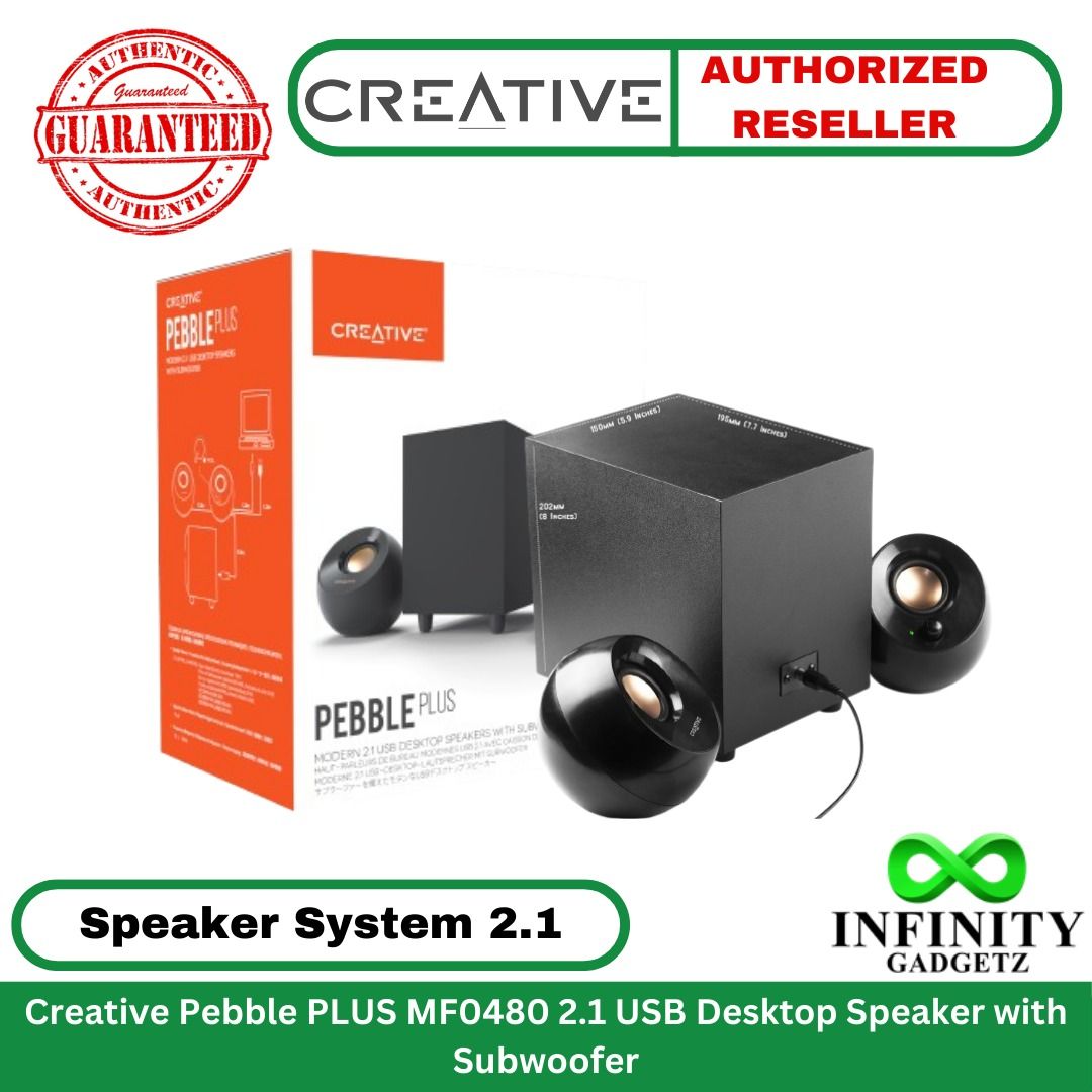 Creative Pebble PLUS MF0480 2.1 USB Desktop Speaker with Subwoofer (Category: Soundbars, Speakers & Amplifiers) located in Manila. Submitted by infinitygadgetzph (Listing ID 1366453433, Image 1). Description: 🟩Authentic 🟩Authorized Dealer of Creative 🟩Sealed and Brand New 🟩With 3 Months Warranty (Must keep the complete carton for warranty claim) 🟩Compatible with: Windows PC, Mac, Mobile (via Bluetooth) SPECIFICATIONS & FEATURES: Features: 🟩