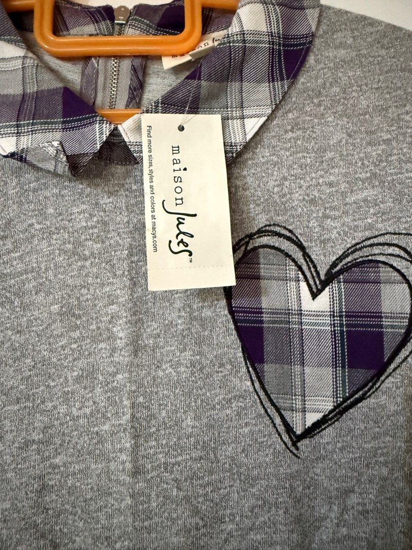 Gray Purple-Checkered Collared Sweater (Category: Shirts) located in Quezon City. Submitted by corncarts (Listing ID 1366414386, Image 3). Description: Brand: maison jules M on tag Purple Checkered Design on Collar Stretchy Main Fabric Cotton/Rayon/Polyester Brand new with tags Measurements: Bust - 38” Length - 23”.