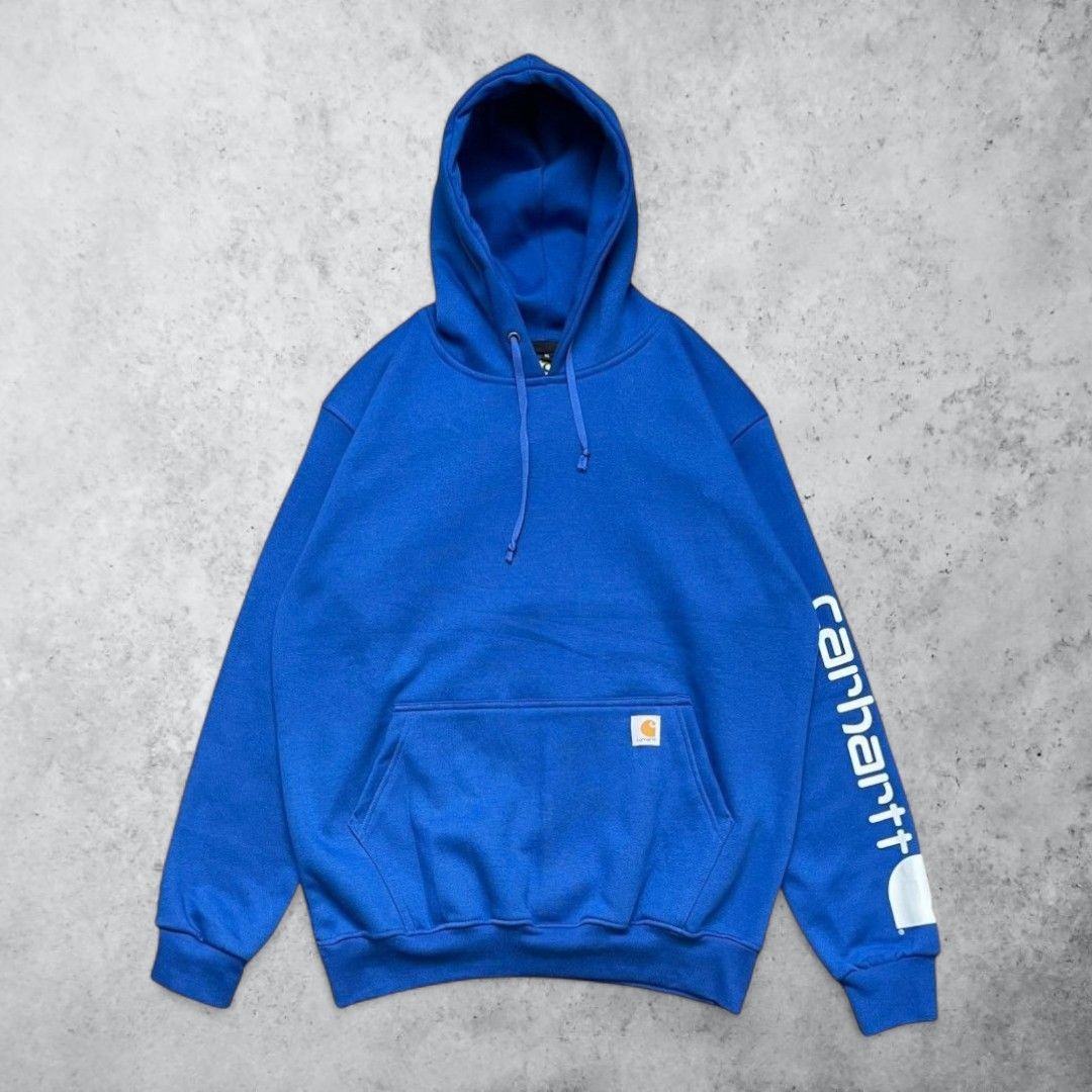 Hoodie Carhartt Spellout Royal Blue Biru, Fesyen Pria, Pakaian