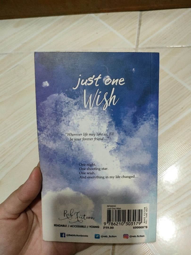 Just One Wish by Kayla Caliente (Category: Storybooks) located in Pasay City. Submitted by mcgmcgb (Listing ID 1366472359, Image 2). Description: ☀️ Pocket book ☀️ Slight oxidation by the edges and sides 📌 RFS: Have read the book and am decluttering atm.