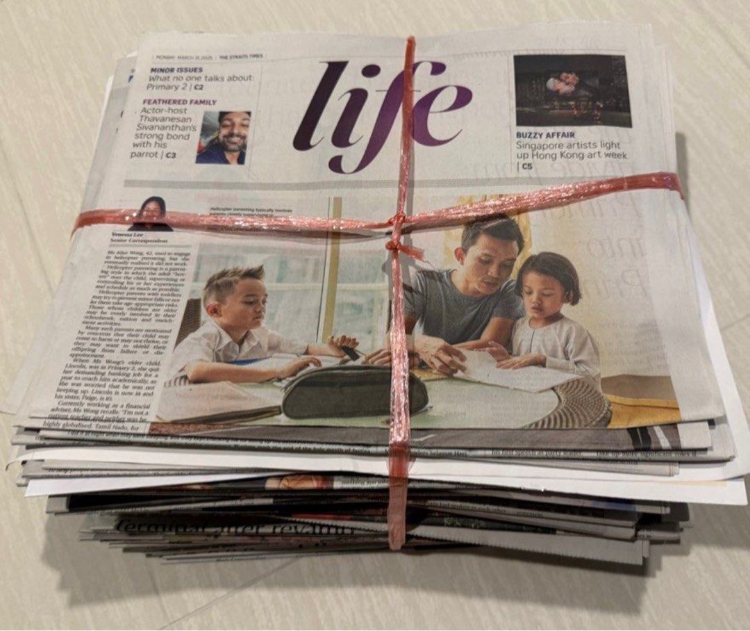 Newspaper bundle for repurpose ,pets or craft etc (Category: Homes & Other Pet Accessories) located in Singapore. Submitted by Justbehappy (Listing ID 1366370225, Image 1). Description: PLEASE READ BEFORE PM my boy have a habit to buy newspaper daily and bring home flip and just leave at a corner . It’s about 1 month supply of newspaper . good for recycling purpose / pets purpose .