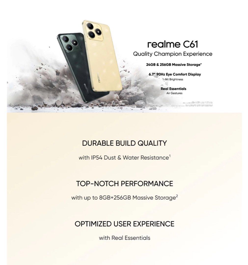REALME HP C61 Mobile Phone (Gold) (Category: Realme) located in Mandaluyong City. Submitted by lilmisscapricorn (Listing ID 1366434268, Image 3). Description: REALME HP C61 Mobile Phone (Gold) - 4,599 Brand New and Sealed .