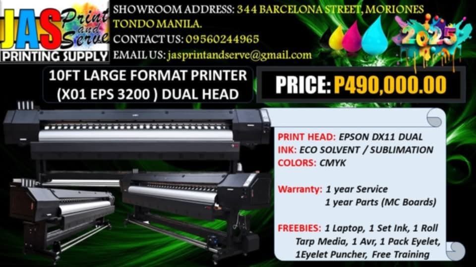Brand New 10.5ft Large Format Printer, Eco Solvent Printer, Dual Head Printer, Tarpaulin Printer, Sublimation Printer, Large Format Printer (Category: Printers, Scanners & Copiers) located in Quezon City. Submitted by joemhelbarros272612 (Listing ID 1361862031, Image 1). Description: Supplier here! Looking for top-quality printing equipment and supplies? Look no further than JASPrint And Serve Printing Supply! We're easy to find and always ready 