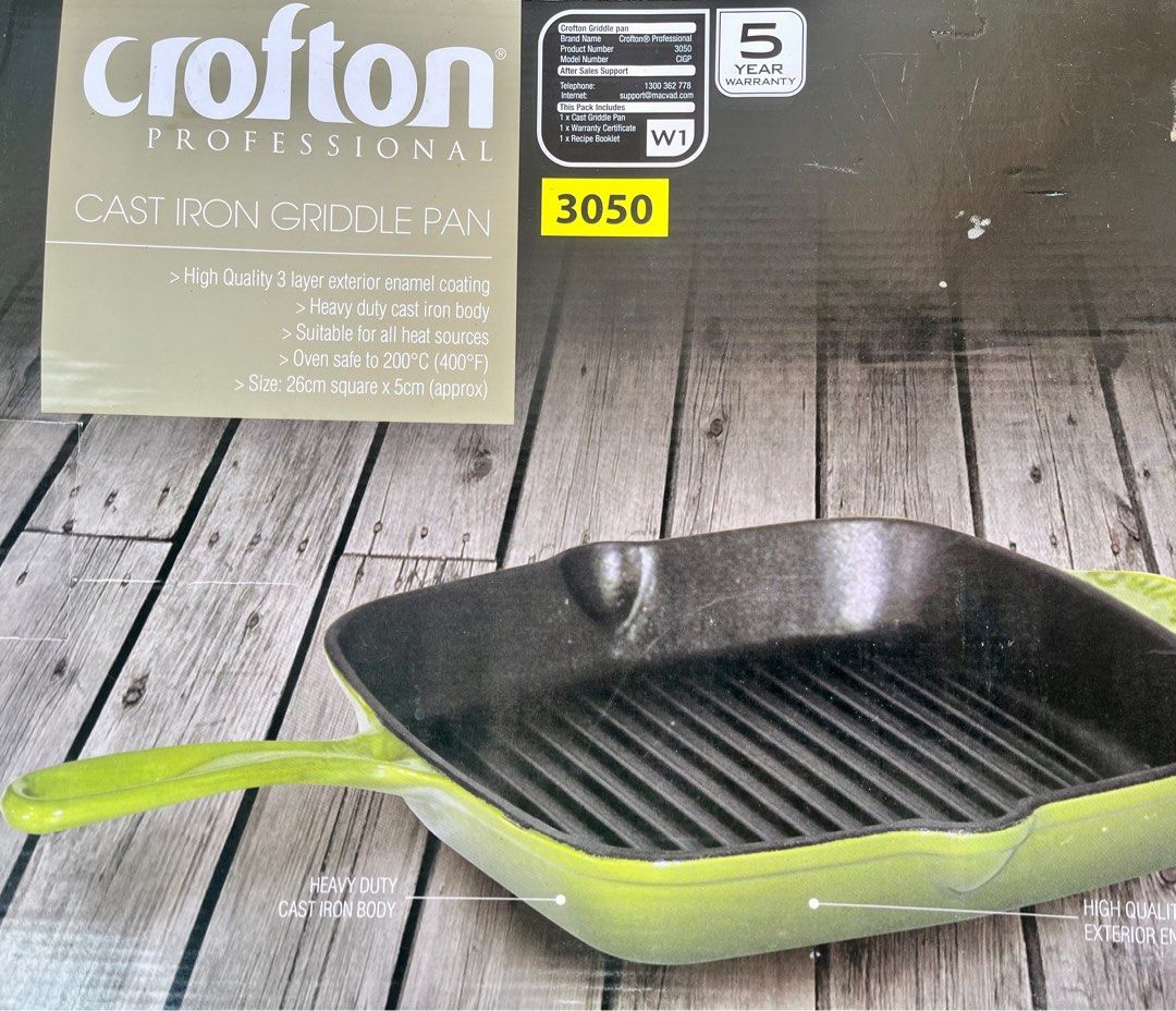 Crofton Professional Cast Iron Griddle Pan (Category: Cookware & Accessories) located in La Trinidad. Submitted by whatnotcollections (Listing ID 1361886035, Image 1). Description: In excellent condition. The pan has a light green enamel coating on the exterior and a black interior. Heavy Duty Cast Iron Body and a High Quality 3 Layer Exterior Enamel Coating..