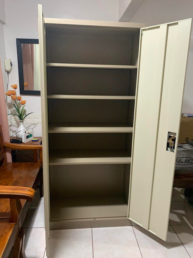 Filing Cabinet with Swing Metal Doors (Category: Shelves, Cabinets & Racks) located in Cavite. Submitted by ralphfrncsc (Listing ID 1361905990, Image 2). Description: Filing cabinet with swing metal doors External Dimensions : 1850x850x400mm Swing Steel Door : 2 Shelves : 4 Lock : 1 cyble lock with 2 keys Structure : KD, save space Materials : Durable Electrostatic Powder Coating Steel Thickness : 0.6mm .