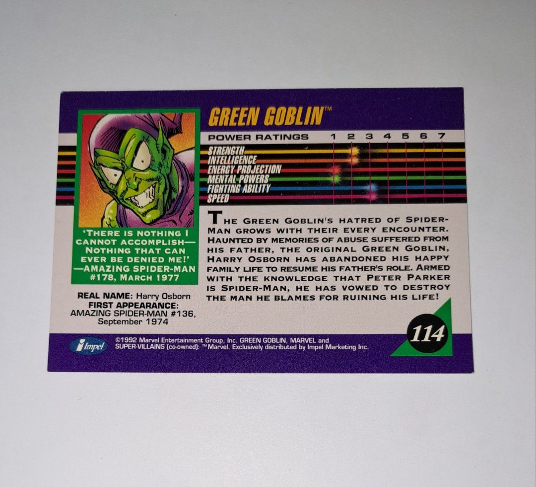 綠魔 Green Goblin 1992 Marvel 收藏咭 Super-Villains card (珍藏 收藏卡,新舊見圖) , 興趣及 ...