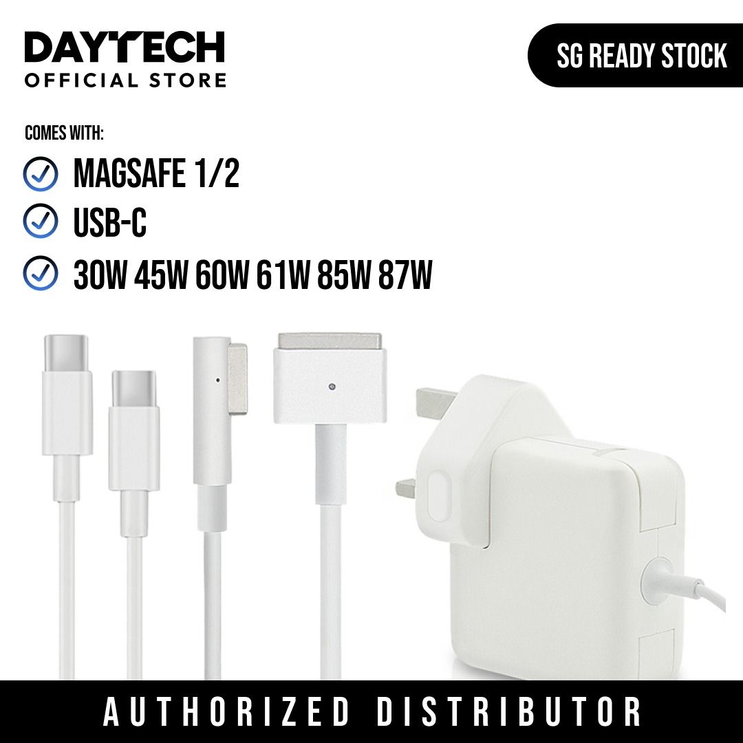 Macbook Charger Magsafe USB C 30W 45W 60W 61W 85W 87W 96W for Apple Laptops including Macbook Air 11 13 / Macbook Pro 13 15 17 USB-C , Magsafe 1 and 2 (Category: Cables & Adaptors) located in Singapore. Submitted by daytech (Listing ID 1219239594, Image 1). Description: ✅ Ready Stock in SG ✅ Brand New in Box ✅ One Month Local Warranty Please refer to listing photos for compatibility Magsafe 1 (L-tip) 45W- $24 60W- $28 85W- $29 Magsafe 2 (T-tip) 4