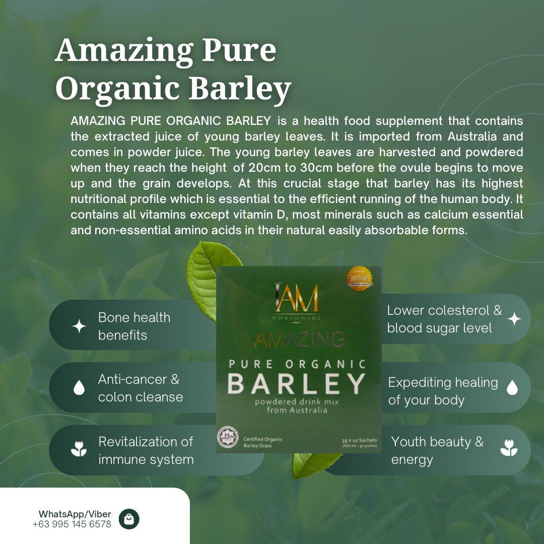 Pure Organic Barley (Category: Other Food & Drinks) located in Quezon City. Submitted by dettesy (Listing ID 1361819827, Image 2). Description: Pure Organic Barley is a health food supplement that contains the extracted juice of young barley leaves. It is imported from Australia and comes in powder juice. The young barley leaves are harvested and powdered when they reach the height of 20cm to 30cm before the ovule begins to move up and the grain 