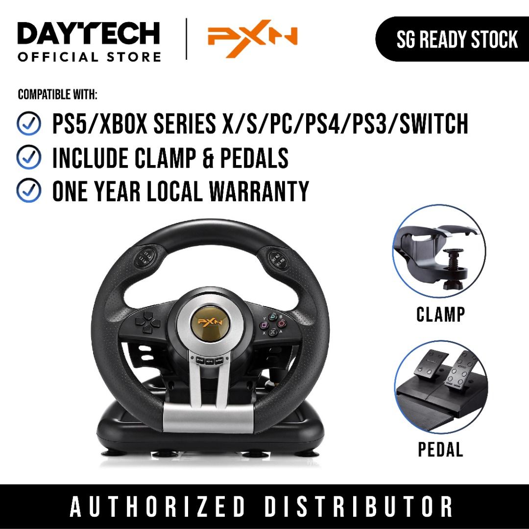 PXN V3II Gaming Racing Wheel PS5 XBOX SERIES PS4 XBOX ONE Switch PC Steering PS3 V3 Pro Steering Wheel (Category: Controllers) located in Singapore. Submitted by daytech (Listing ID 1041495539, Image 1). Description: ✅ Ready Stock in SG ✅ Brand New in Box ✅ 100% Authentic PXN Product (Authorized Reseller) ✅ Compatible with PS5, XBOX SERIES S/X, PS4, XBOX ONE, Switch, PC, PS3 ✅ One Year Local Seller Warranty 🔥 Plug n' Play 🔥 Haptic Feedback by D