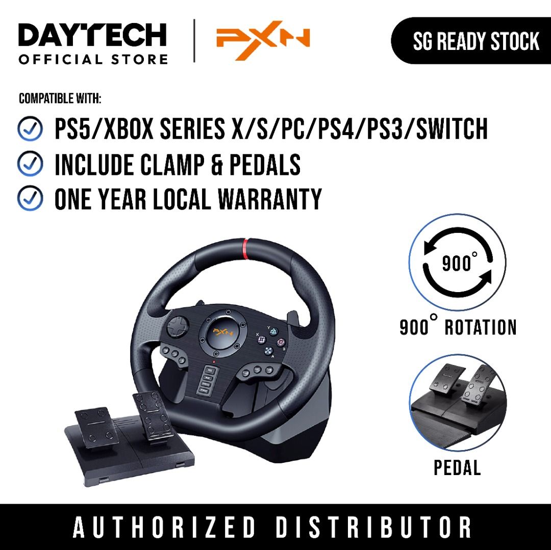 (SG Stock) PXN V900 USB Racing Wheel PC PS5 XBOX SERIES XBOX ONE PS4 PS3 Switch Gaming Steering Wheel (Category: Controllers) located in Singapore. Submitted by daytech (Listing ID 1027844303, Image 1). Description: ✅ Ready Stock in SG ✅ Brand New in Box ✅ 100% Authentic PXN Product (Authorized Reseller) ✅ Compatible with PS5, XBOX SERIES S/X, PS4, XBOX ONE, Switch, PC, PS3 ✅ One Year Local Seller Warranty 🔥 Plug n' Play 🔥 900° Steering Angle (