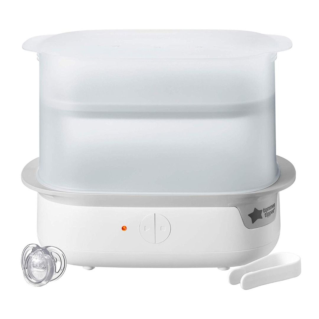 Tommee Tippee Super Steam Advanced Electric Sterilizer (Category: Weaning & Toddler Feeding) located in Quezon City. Submitted by sellermrlein (Listing ID 1361812590, Image 2). Description: Sterilises up to 6 bottles in 5 minutes Fits most bottles, soothers and breast pump accessories 100% natural steam envelopes every surface and kills 99.9% of harmful germs Easy-lift handles keep hands away from steam 2-tier stackable tray can also be used as a