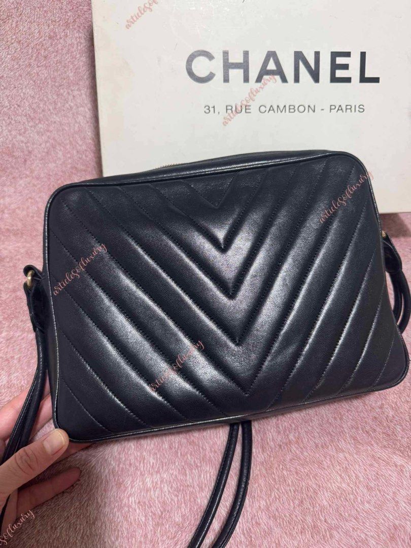 Vintage Chanel Camera Bag (Category: Luxury Bags & Wallets) located in Manila. Submitted by finestfinds (Listing ID 1361819337, Image 2). Description: Chanel Vintage Camera Bag in V-Stitch design Black Lambskin Leather Gold Hardware #luvearth Holo intact With box, no card Vintage condition 7/10 *pls manage expectations when buying vintage items.
